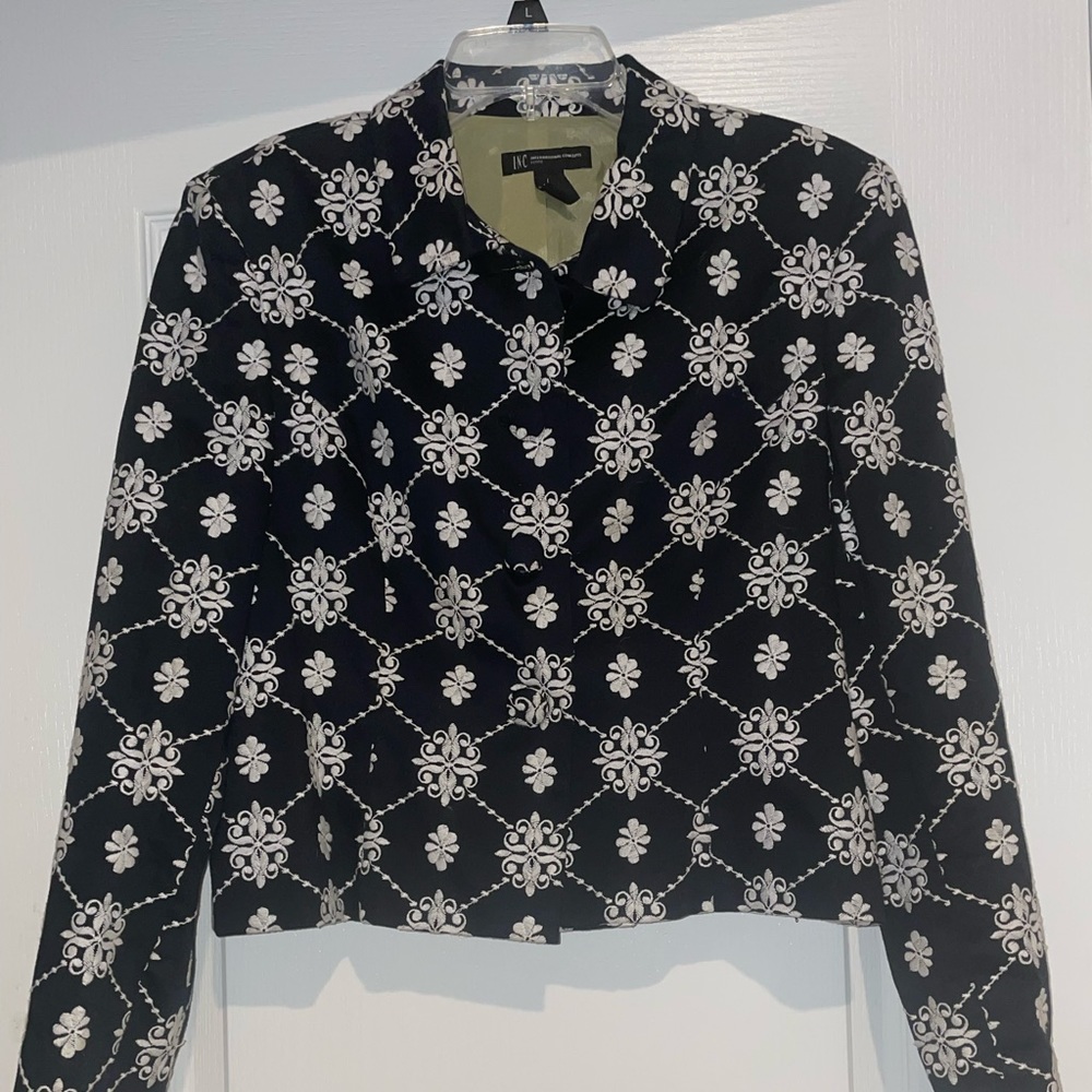INC Black and White Embroidered Cropped Blazer
